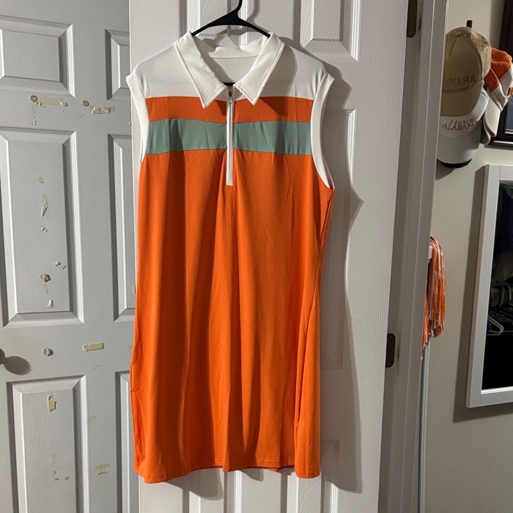 Orange and White Sleeveless Midi Dress